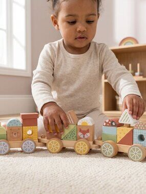 NEW Montessori Wooden Stacking Train Toy Educational Toddler Learning Gift